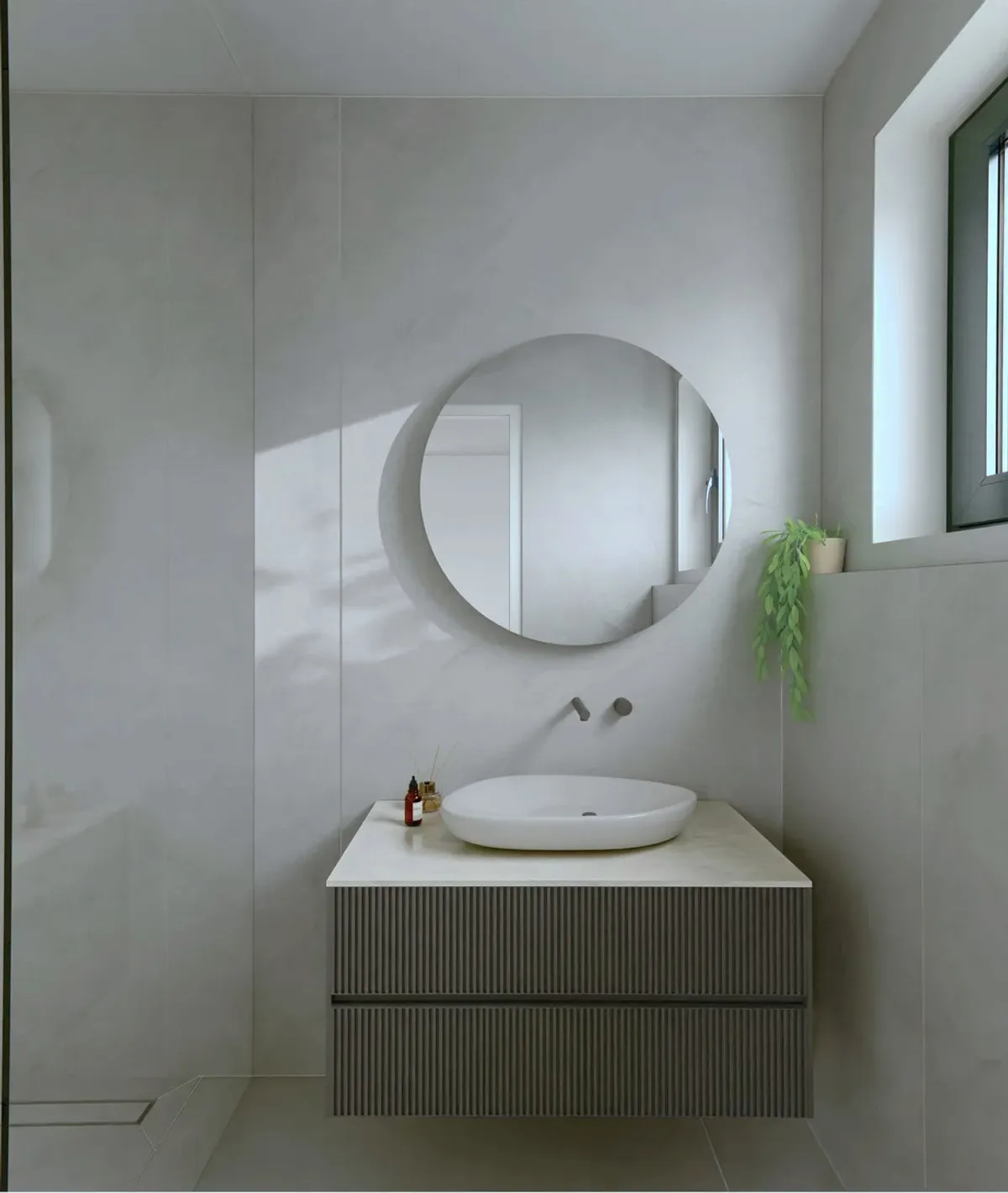 Luxuriöses Badezimmer-Rendering mit freistehender Badewanne und Marmor