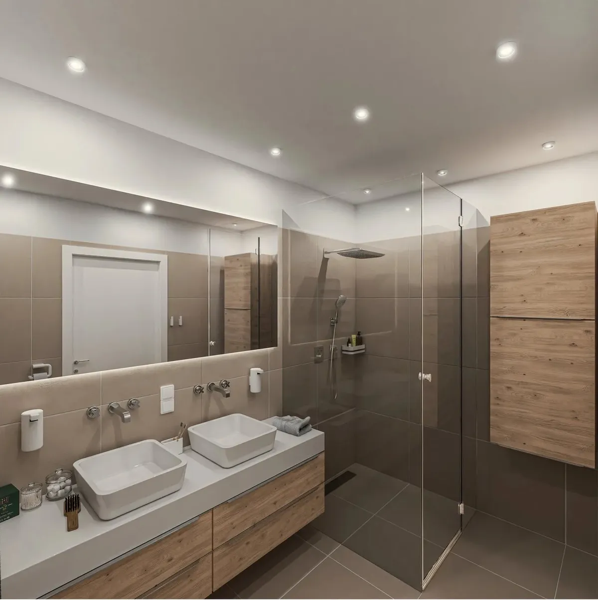 Modernes Bad-Interior mit natürlichen Materialien und indirekter Beleuchtung