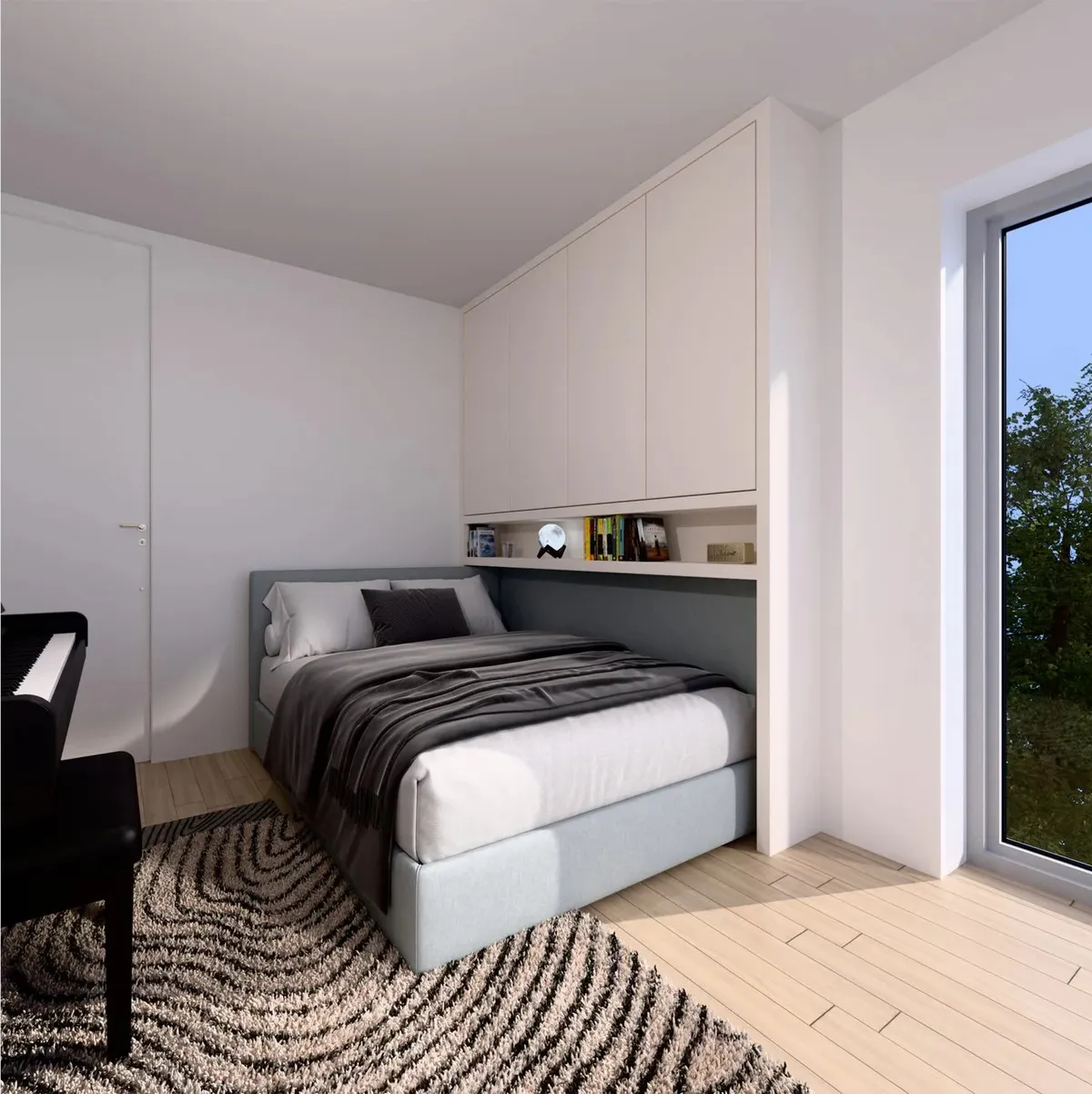 Schlafzimmer-Visualisierung mit warmem Licht und Holzakzenten