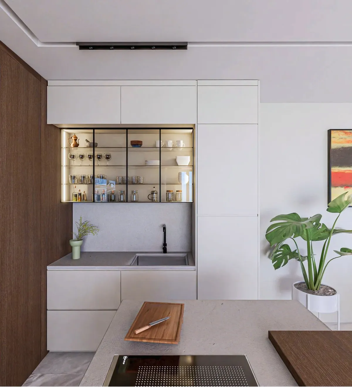 Fotorealistische Küchenvisualisierung mit Eichenholz-Elementen und Naturstein