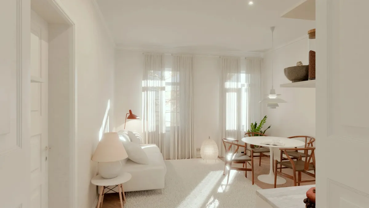 Architekturvisualisierung einer eleganten Wohnzimmer-Suite mit Designermöbeln